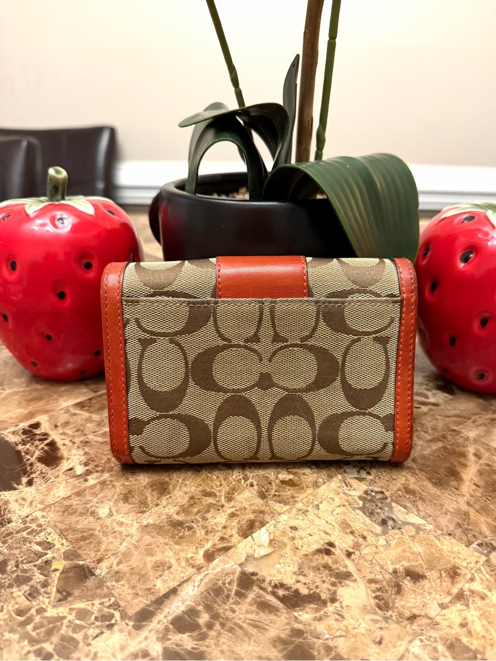 Coach Signature Canvas Bifold Wallet in Brown and Orange/Red - Picture 4 of 17